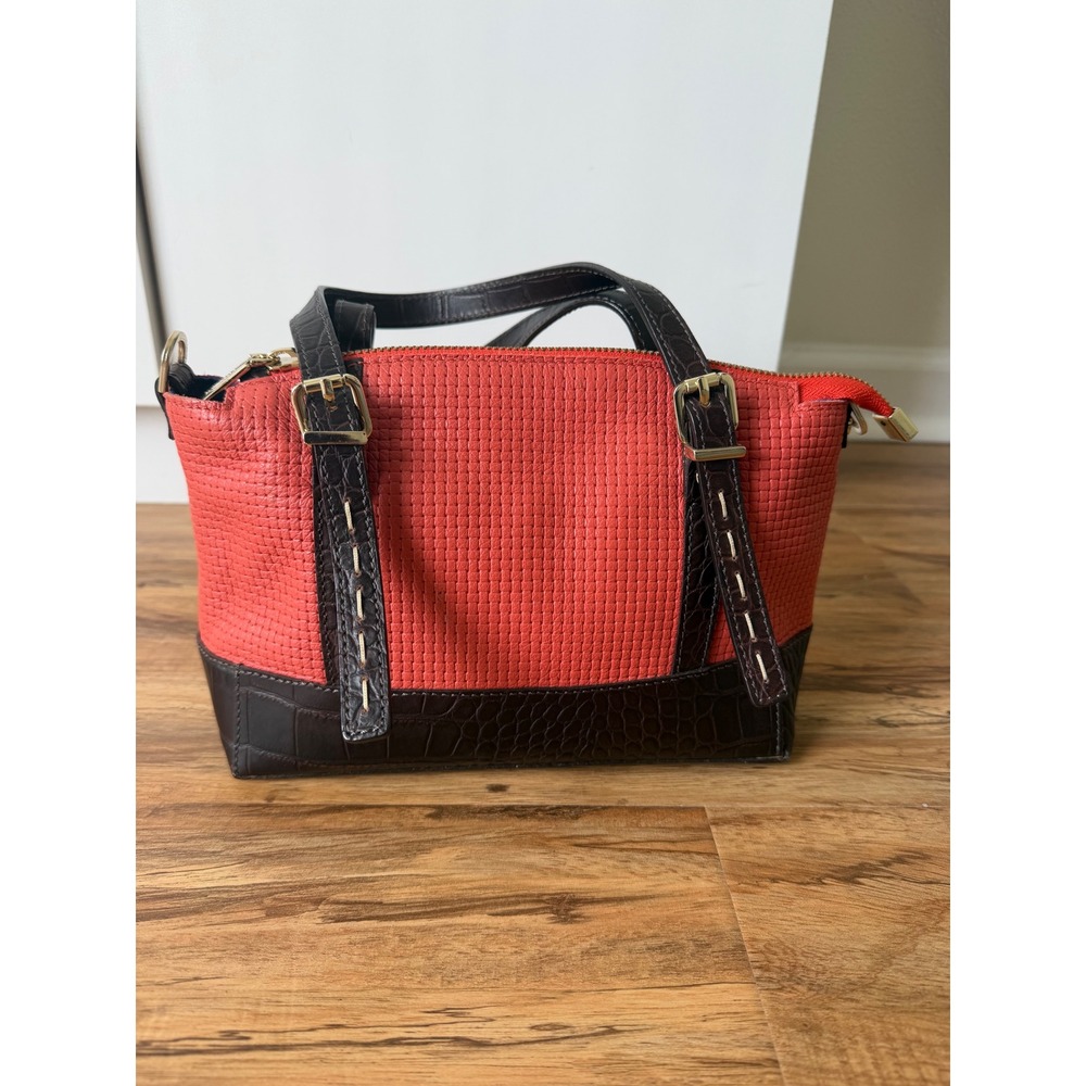 Ripani Italian Leather Handbag Red Woven Brown Croc Embossed Satchel Bag